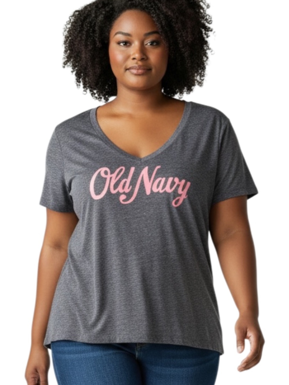 Old Navy Gray V-Neck Tee with Pink Script Logo